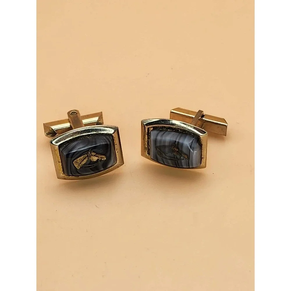 74 Yr Old 10k Gold Plate Tie Clip/Bar & Cufflinks Set Horse Equestrian Art Glass